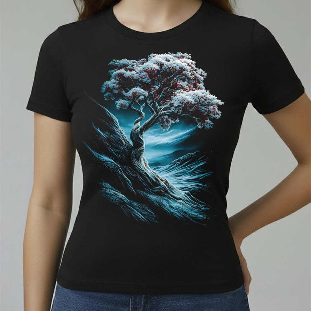 Camiseta Baby Look Feminina Algodão Conforto Qualidade Estampada Árvore Branca Do Tamanho P ao GG