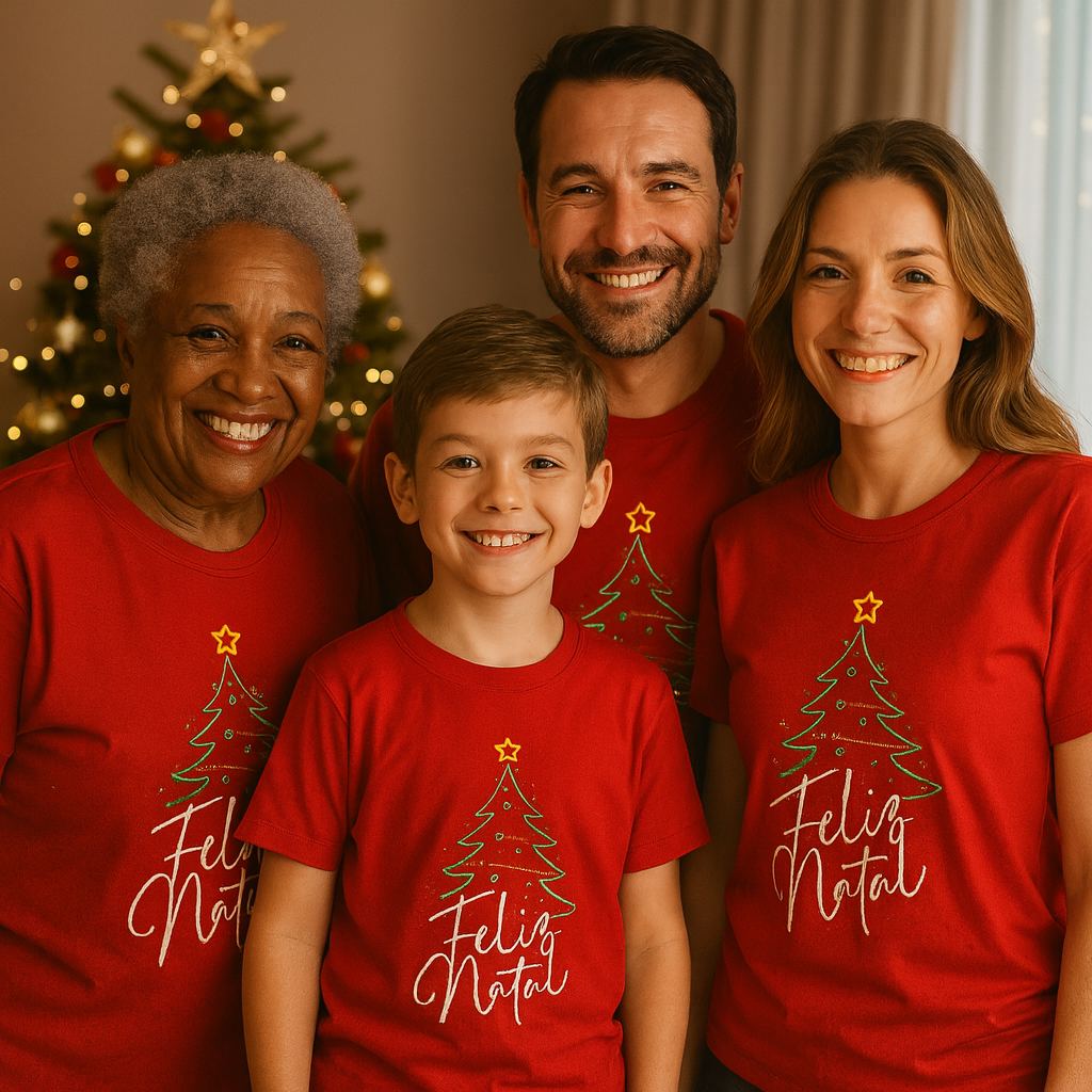 Camiseta natal família blusa estampada tamanho infantil e adulto tecido 100% algodão