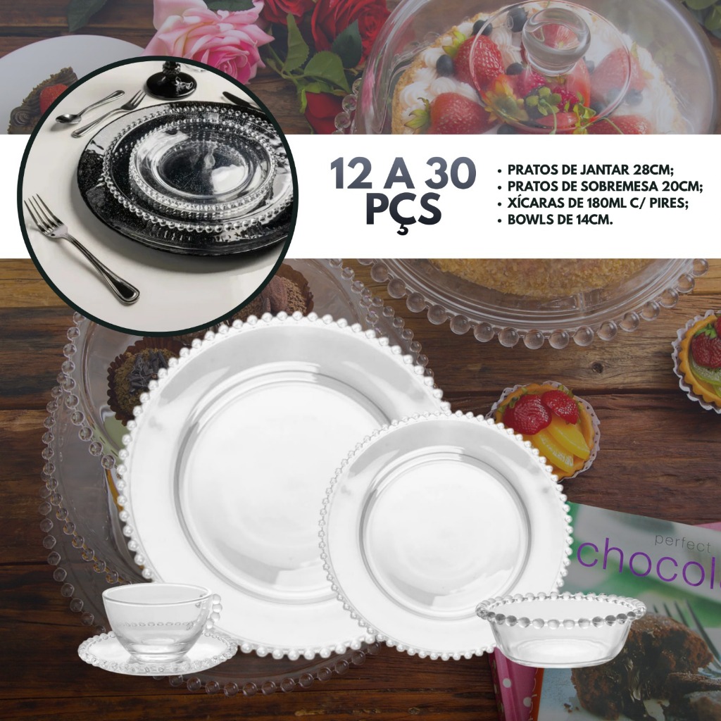 APARELHO PEARL JANTAR ALMOÇO SOBREMESA BOWL XICARA PIRES REDONDO CRISTAL BORDA BOLINHAS WOLFF