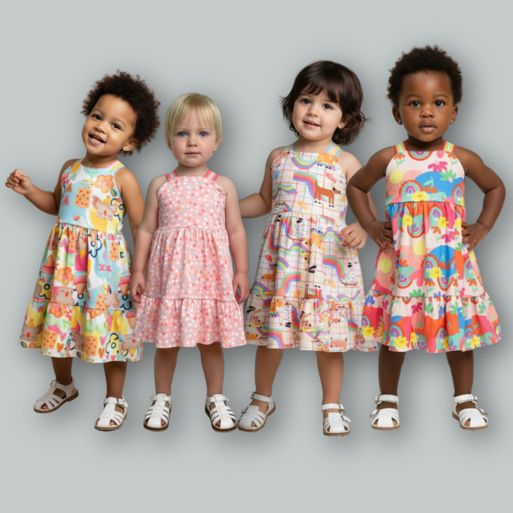 Kit 4 Vestidinhos Infantis Menina Malha Estampado Alcinha Rodado Bebê Feminino Vestido Colorido