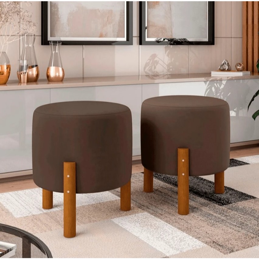 kit 2 puff banqueta decorativa para sala quarto escritório decoração com pés de madeira