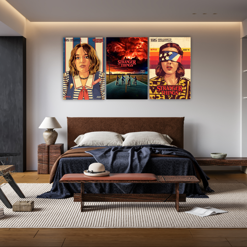 Quadro Decorativo Stranger Things Eleven Steve Demogorgon Para Parede Decoração - 3 Peças -