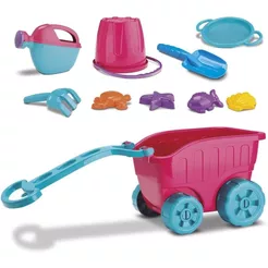 Carriola de Praia Infantil com Balde, Regador, Pá, Rastelo e Forminhas - Pink