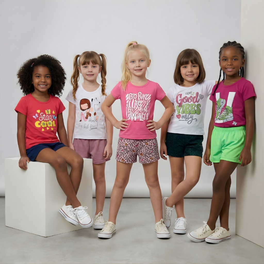 Kit 5 Conjuntos para Menina com Blusas e Shorts Coloridos em Algodão Super Confortável Tam 1 ao 14