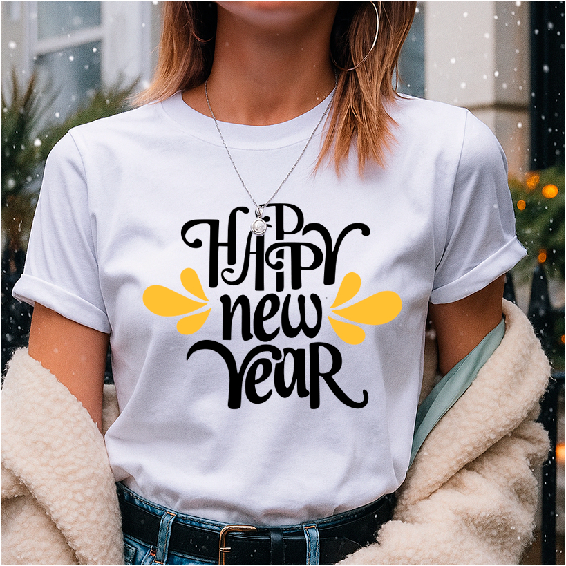 Camiseta para o Réveillon Unissex Estampa Happy New Year Branco V14 Comemoração da Virada do Ano
