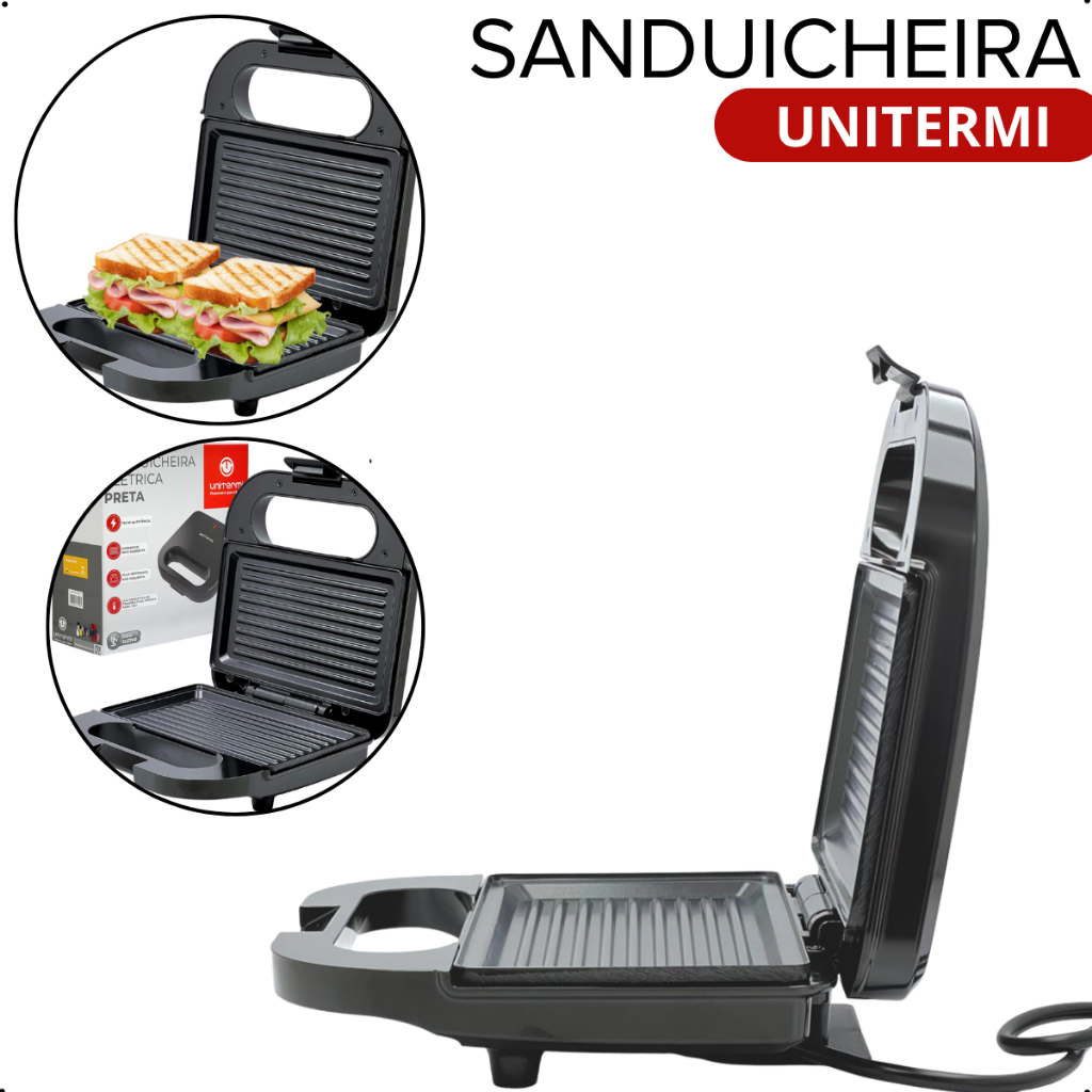 Sanduicheira Elétrica  Chapa Antiaderente 750w 220 volts Unitermi Preta Multiuso
