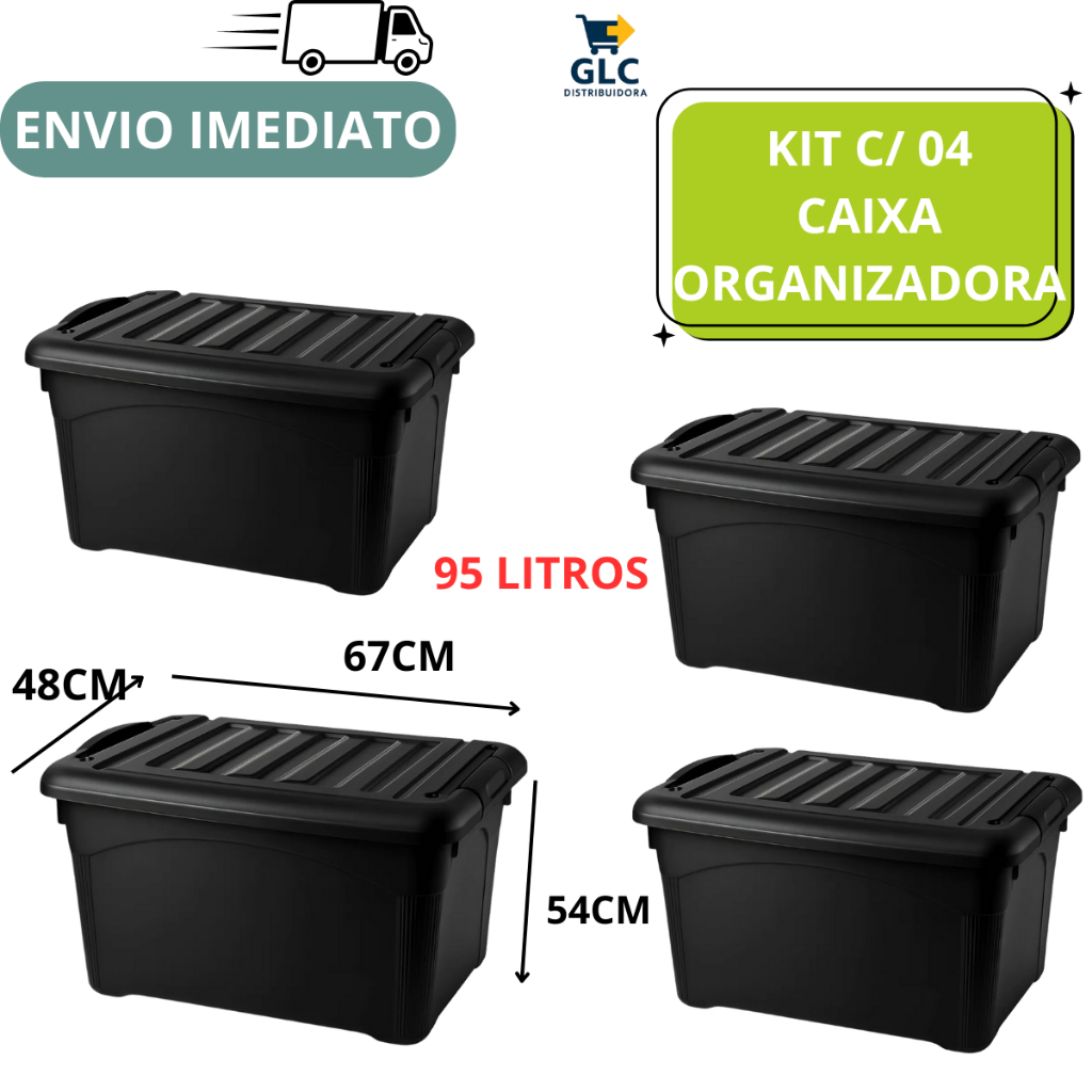 Caixa Organizadora C/ Rodinhas 95 Litro Kit com 04 Preto em Oferta na Shopee