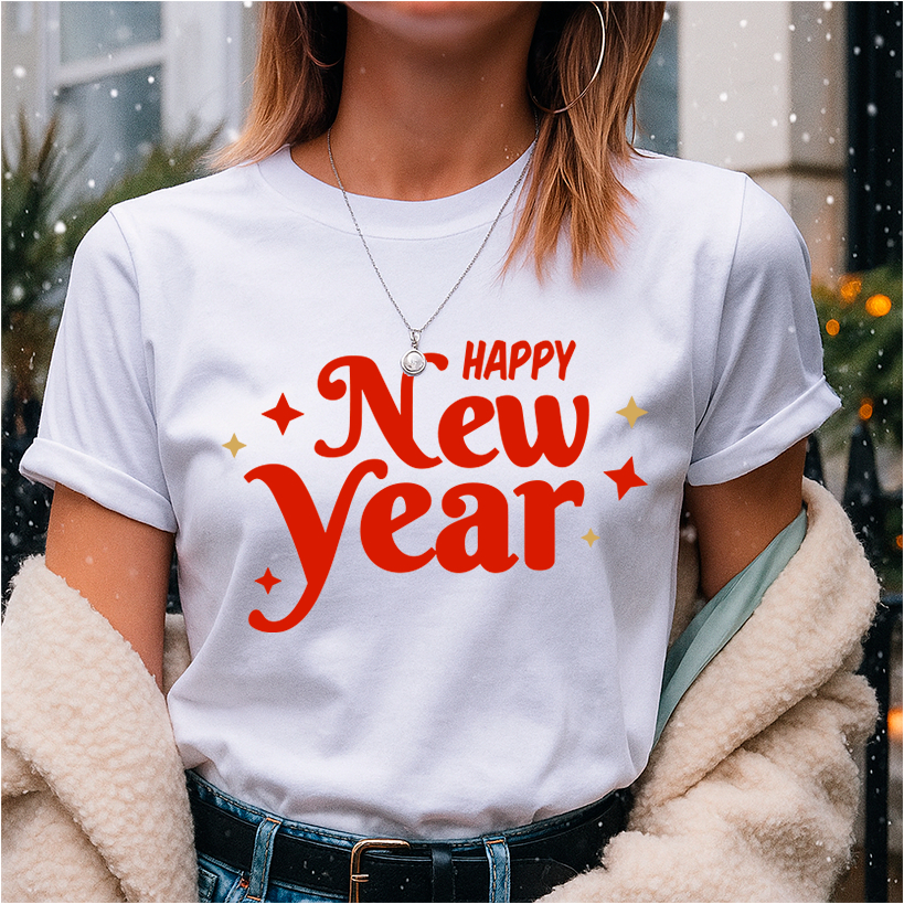 Camiseta para o Réveillon Unissex Estampa Happy New Year Vermelho V15 Comemoração da Virada do Ano
