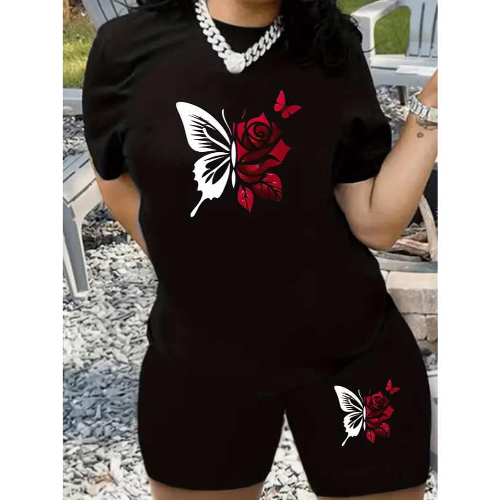 CONJUNTO FEMININO BERMUDA LEGGING+CAMISETA CÓS ALTO ZERO TRANSPARENCIA BORBOLETA E ROSA VERMELHA