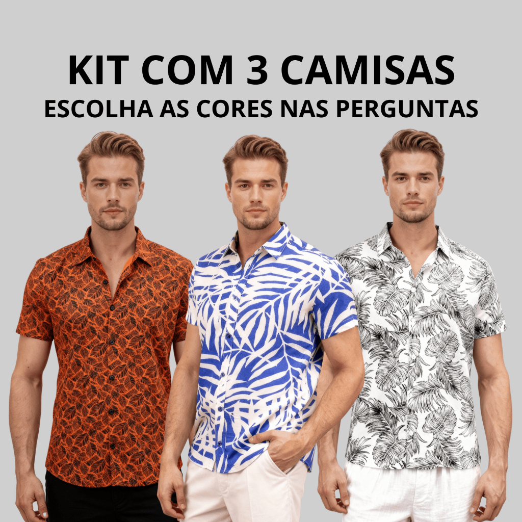 Kit 3 Camisa Social Floral Camisa Masculina Social Manga Curta Florida Camiseta Social Floral de Viscose Slim Fit