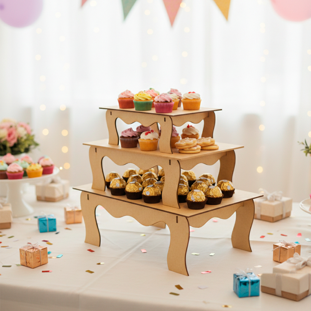 Trio de Bandejas com Banquinho em MDF 2,5mm para Decoração Minimalista de Festa Mesa Doces Eventos e Artesanato