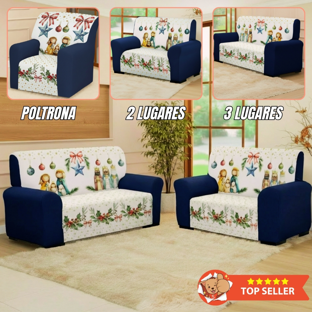 Capa de Sofá (Poltrona, 2 Lugares, 3 Lugares 2 e 3 Lugares) Natal Coladinha Estampa Exclusiva