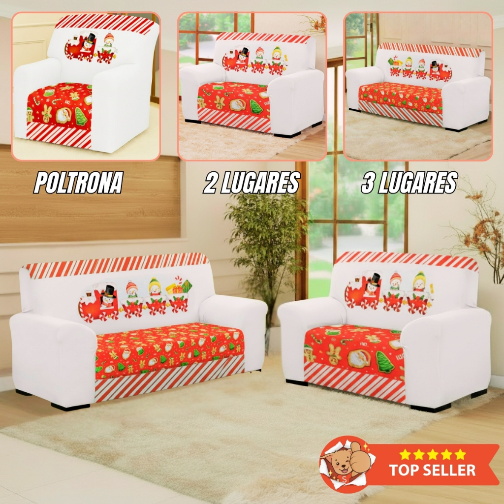 Capa de Sofá 2 e 3 Lugares (Poltrona, 2 Lugares, 3 Lugares) Natal Coladinha Estampa Exclusiva