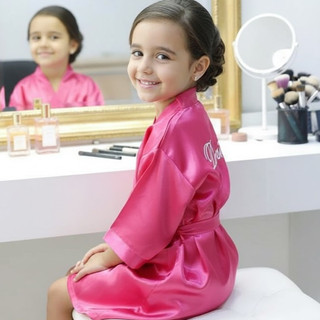 Robe Infantil em Cetim Manga Curta Roupão Personalizado Bordado Nome Daminha Menina Aniversário Festa Leia a Descrição