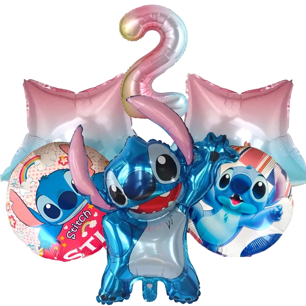 Detalhes do Kit 6 Balão Metalizado Lilo Stitch Redondo Estrela Número Tie Dye Degradê Decoração Aniversario