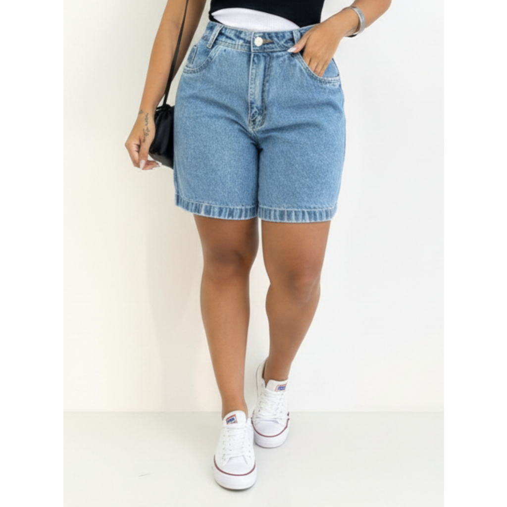 Bermuda Feminina Jeans Mom Pedal Sem Lycra Cintura Alta Comprida Marmorizada Confortável Elegante em Oferta na Shopee