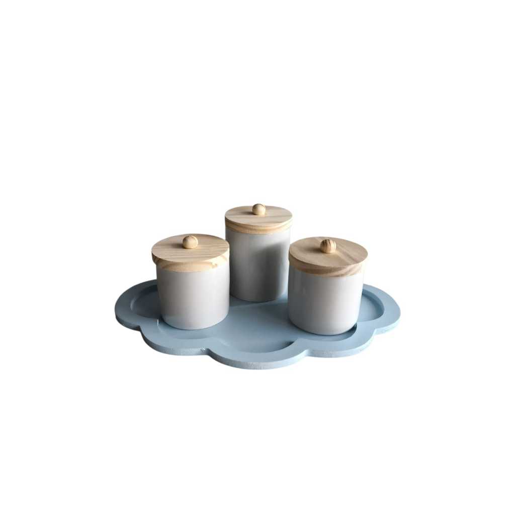 Kit Higiene para bebê potes porcelana branca com tampa madeira nuvem azul menino porta algodão cotonete