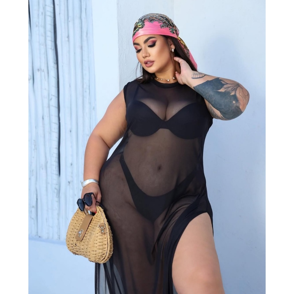 Saida De Praia Vestido Longo Regata em Tule Plus Size Liso em Oferta na Shopee