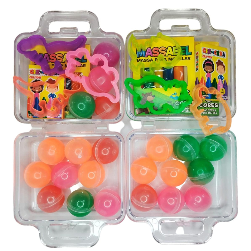 Kit 30 Maletinha Cristal + 30 Massinha Modelar + 30 Cortadores Molde + 30 Geleca Slime + 30 Giz Cera
