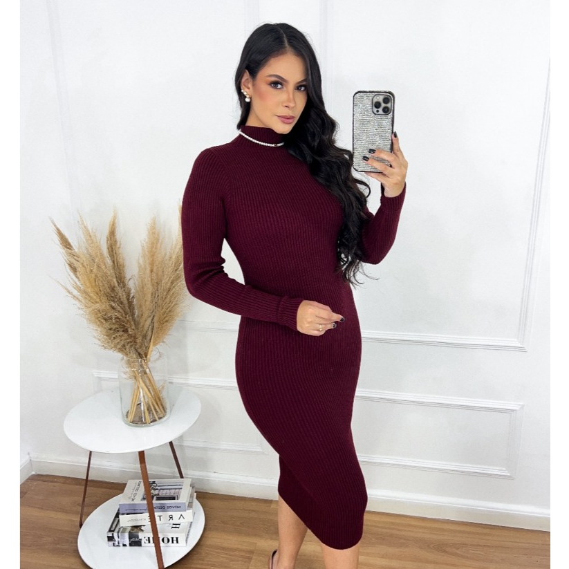 Vestido Midi Feminino Tricot Sofísticado Modal Canelado Manga Longa Gola Alta Clássico Moda Inverno em Oferta na Shopee