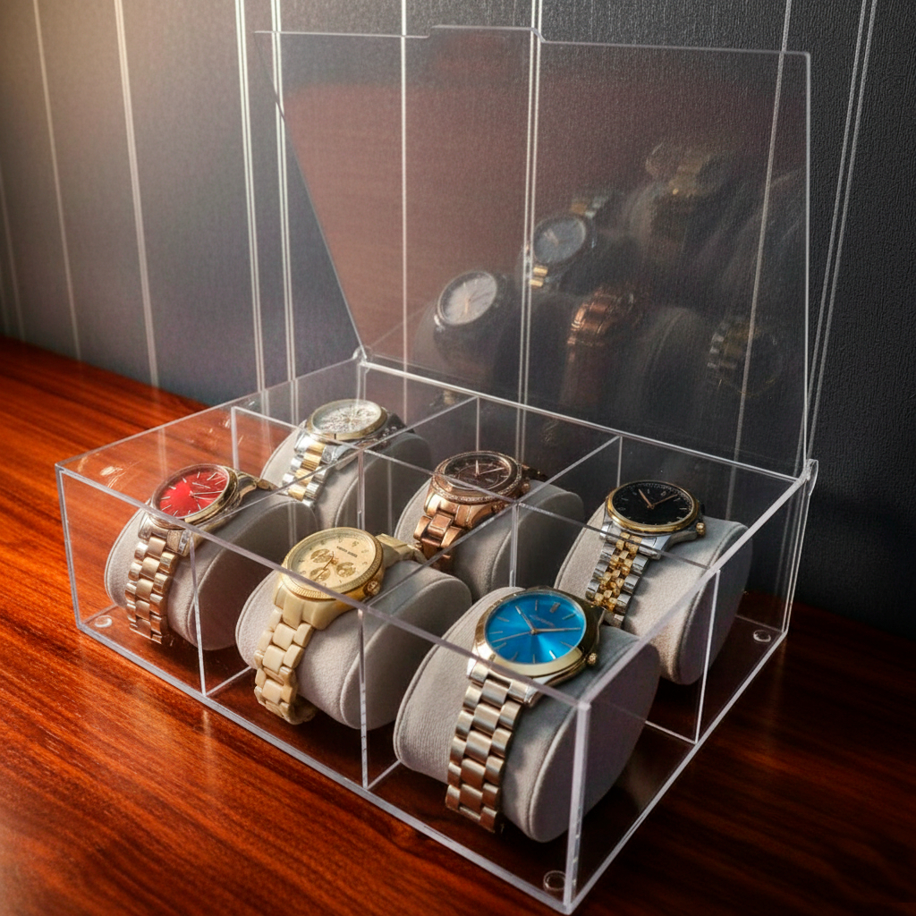Caixa Estojo Acrílico Organizador De Relógios com tampa articulada