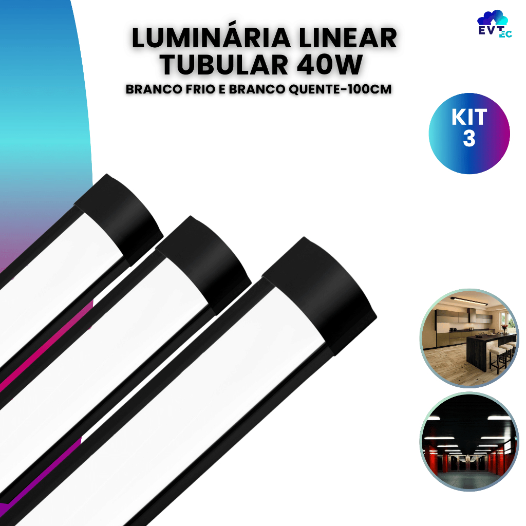 Kit 3 Luminárias LED Linear Sobrepor 100cm 40W Preto Luz Branca Fria e Quente em Oferta na Shopee
