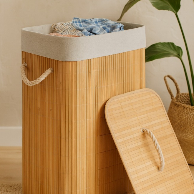 Cesto Bambu Jolitex Retangular Com Tampa Bege De Roupas