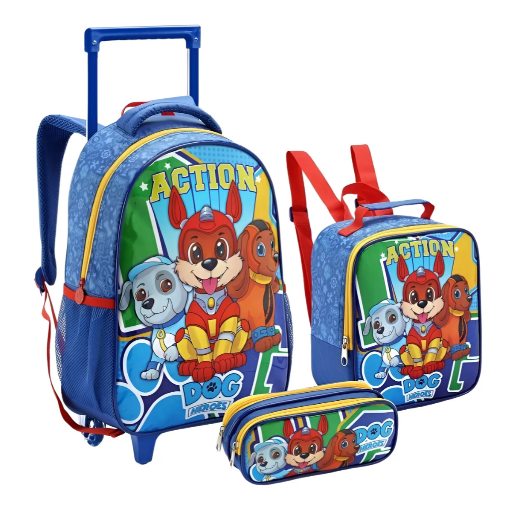 Kit Mochila Rodinhas Escolar Infantil Menino Dog Heroes Seanite
