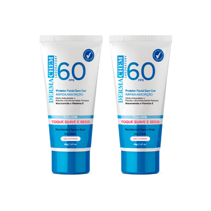 Dermachem Kit 2un Protetor Solar Facial FPS 60 Sem Cor Toque Suave e Seco Rapida Absorção 40g em Oferta na Shopee
