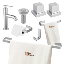 Kit Acessórios Banheiro/Lavabo Quadrado Cromado 4 Peças+2Acabamento Registro+Torneira Abs+Valvula7/8