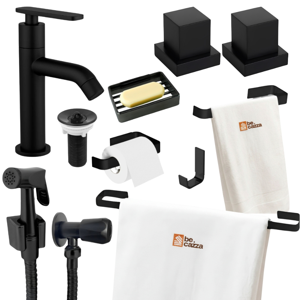 Kit Acessórios Banheiro / Lavabo Preto Fosco+ 2 Acabamento Registro + Torneira +