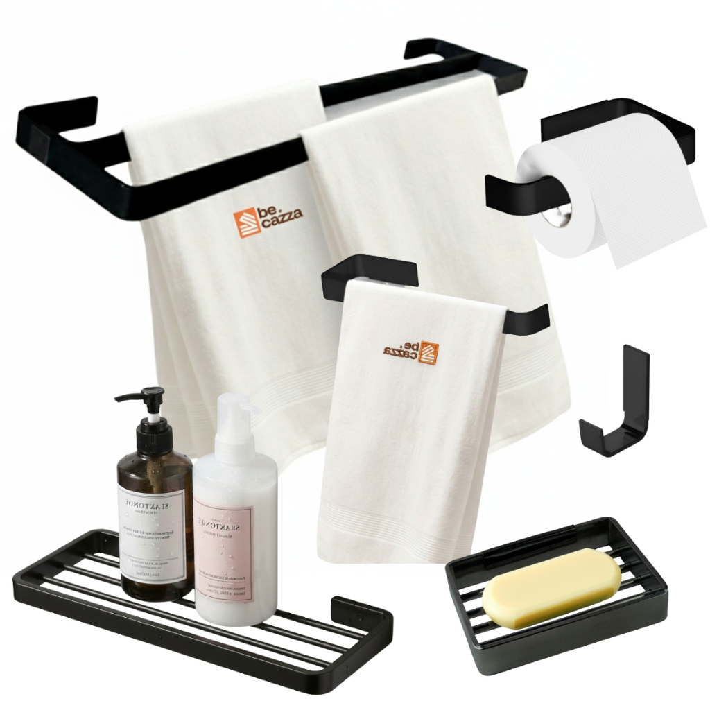 Kit de Banheiro Suporte de Toalhas Casal 50cm Preto Fosco 6 Peças com Saboneteir