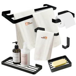 Kit de Banheiro Suporte de Toalhas Casal 50cm Preto Fosco 6 Peças com Saboneteira e Porta Shampooo
