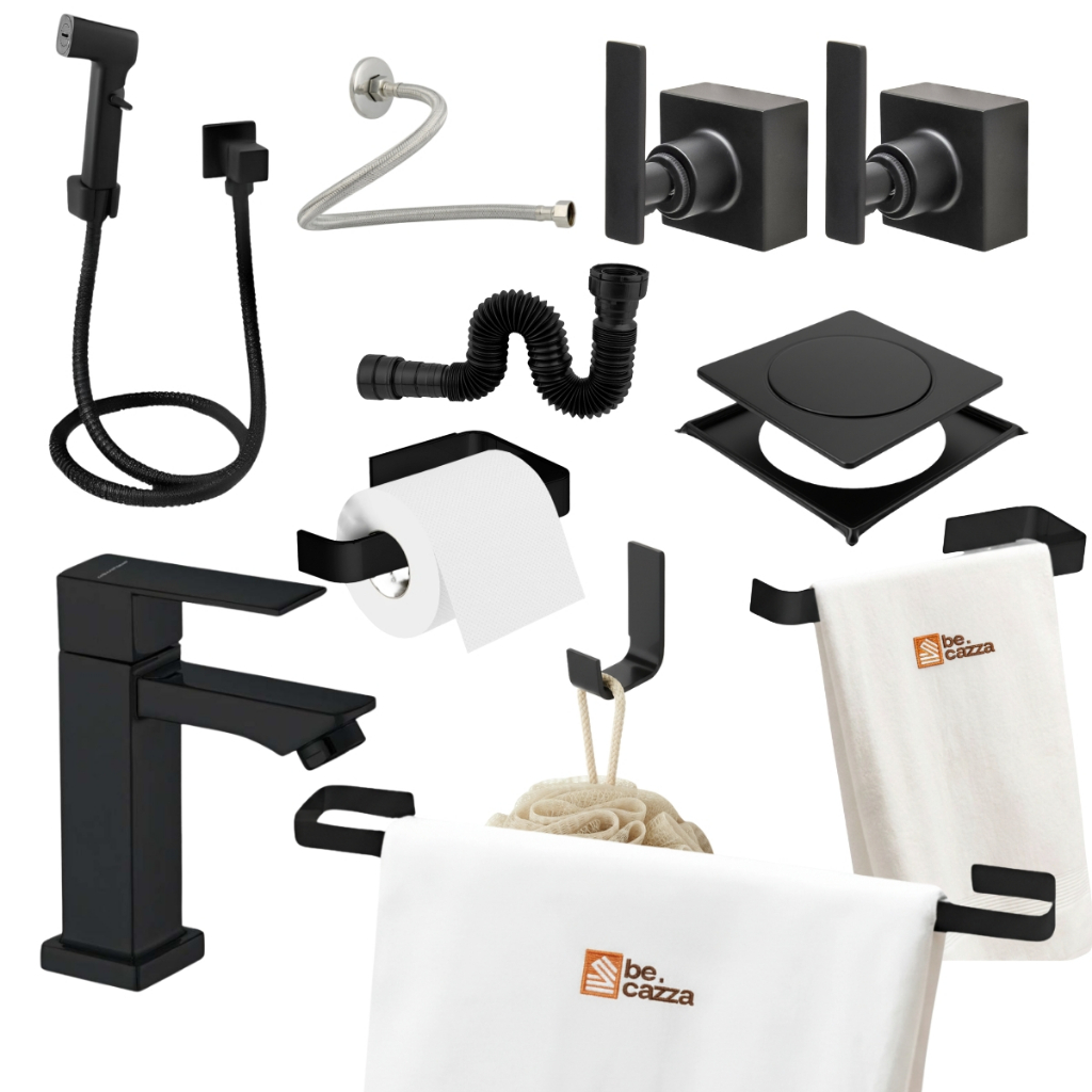 Kit Acessórios Banheiro Completo Preto Fosco + Acabamento + Torneira + Ducha + R