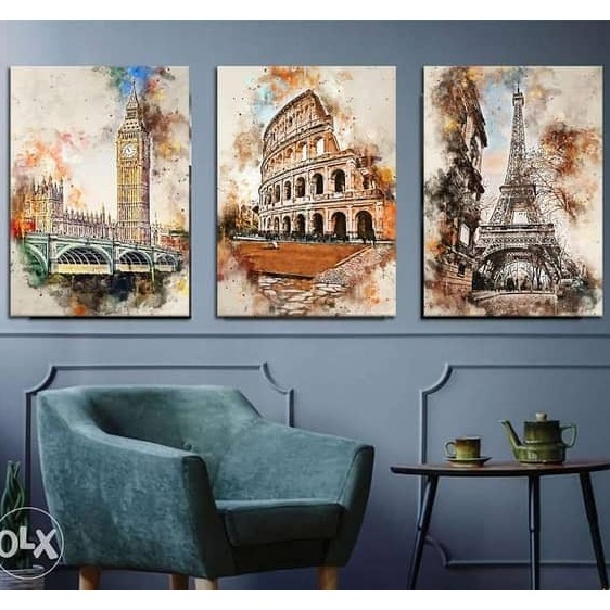 Quadro Decorativo 3 peça Sala Quarto Decoração 20x30 Aquarela  Roma Londres Coliseu Torre Eiffel