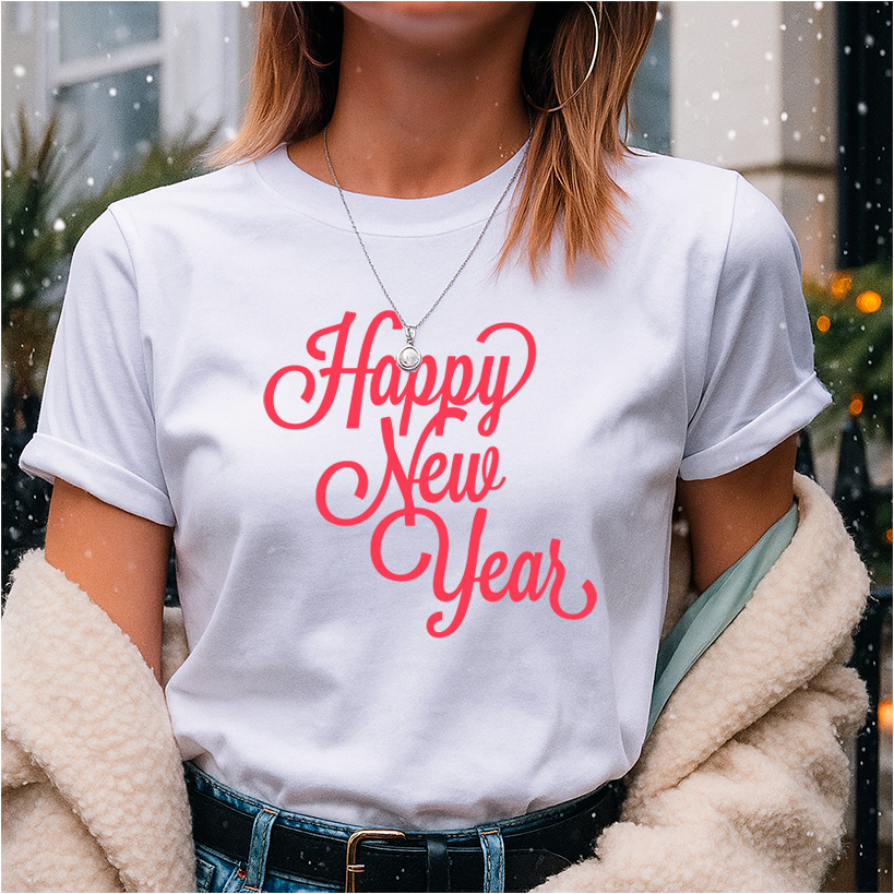 Camiseta para o Réveillon Unissex de Estampa Happy New Year Rosa V16 Comemoração da Virada do Ano
