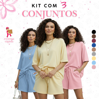 Kit com 3 Conjuntos Femininos de Viscolycra Camiseta Modelo Oversized e Shorts com Bolsos