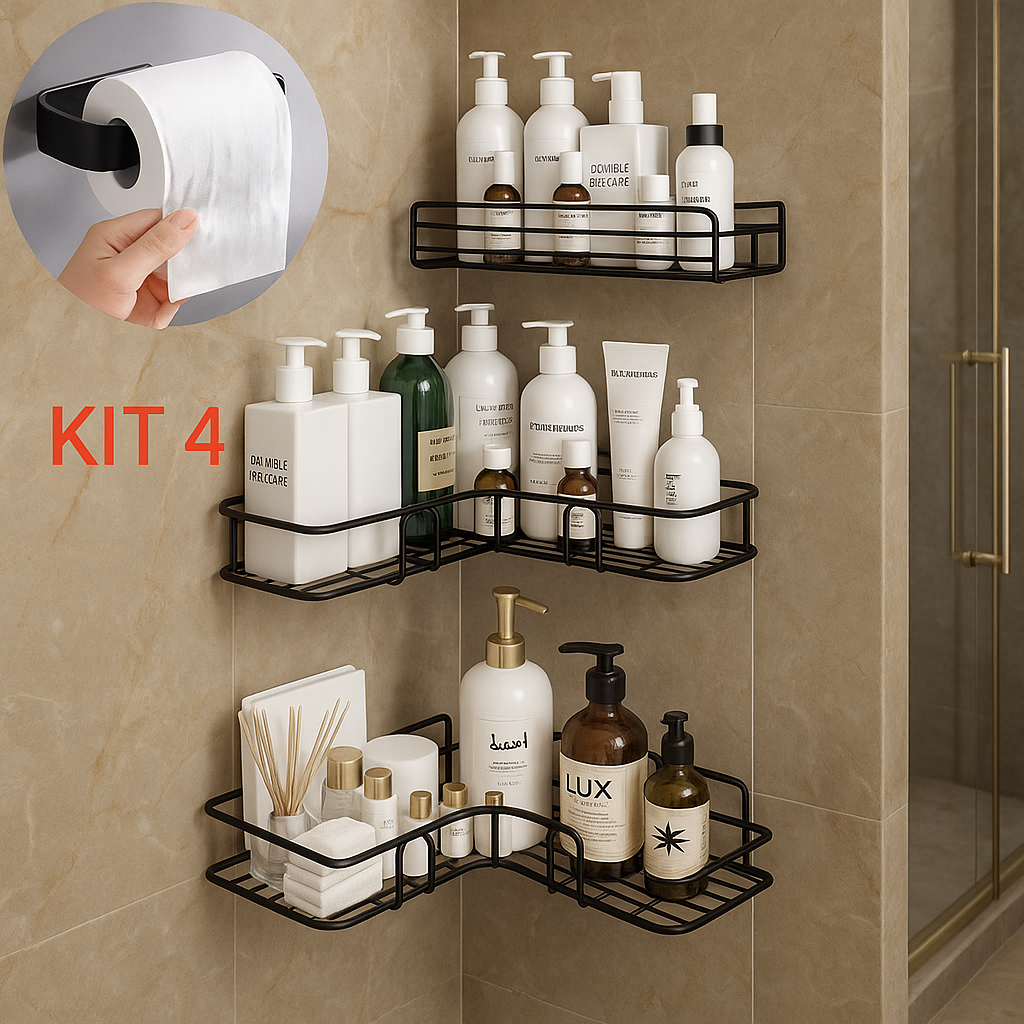 Kit Suporte Prateleira Porta Shampoo Organizador De Canto Com Adesivo