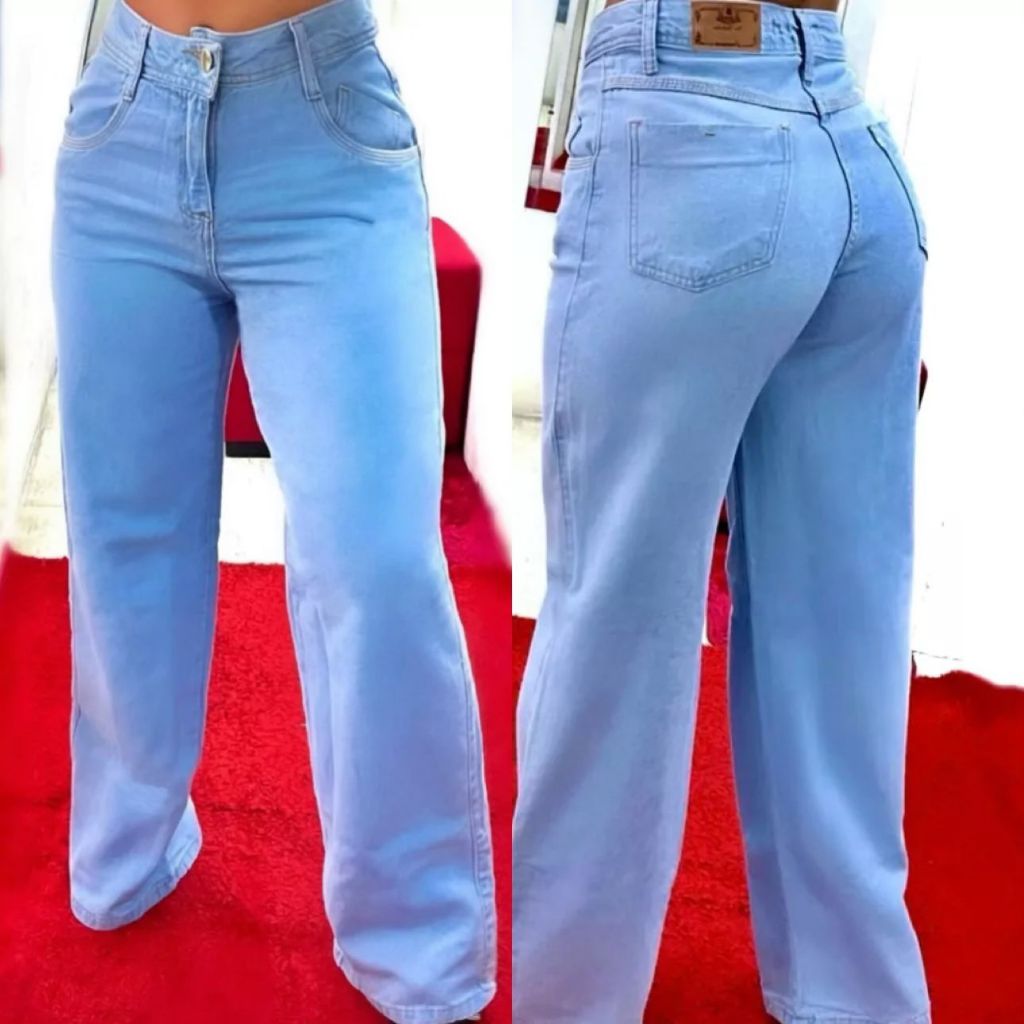 Calça WideLeg Jeans Denim Feminina Pantalona Larguinha Modela Bumbum Cintura Alta Wid Leg BoyFriend