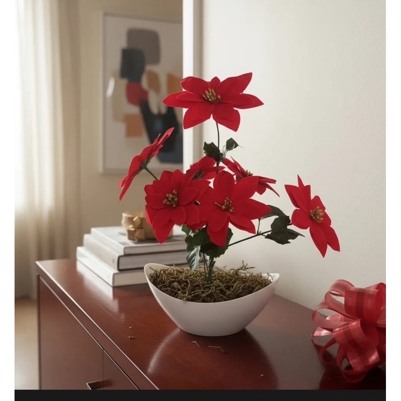 Vaso Decorativo Arca + Flor Natal Vermelha Bico Papagaio