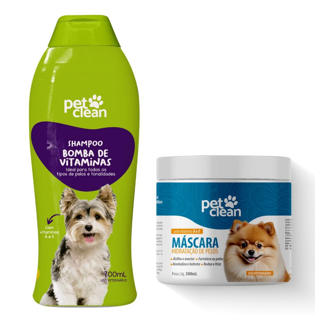 Kit Shampoo 2em1 Bomba de Vitaminas e Máscara de Hidratação de Pelos Pet Clean Cães e Gatos