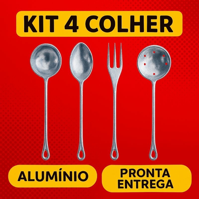 Jogo Talheres Colheres de Alumínio Batido para Cozinha – Kit 4 Peças Profissional e Durável