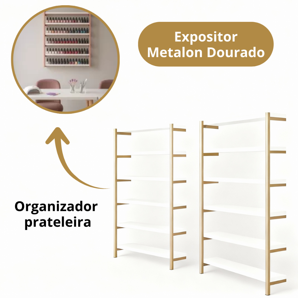 Kit 2 Nichos Metalon Dourado – Expositor de Esmaltes para Manicure Estilo Industrial