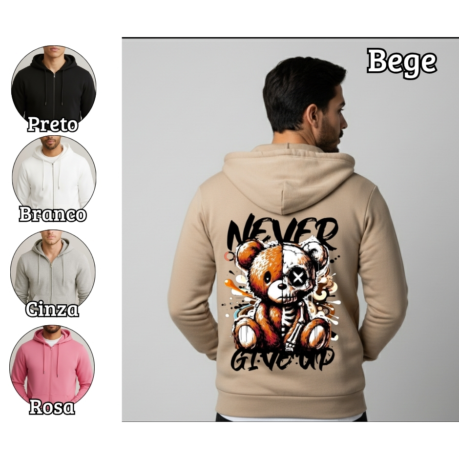 Blusa de Frio Casaco Suéter Moletom Flanelado Masculino/Feminino Unissex aberto com Zíper Bolso e Capuz estampado Urso — imagem 2 de 2