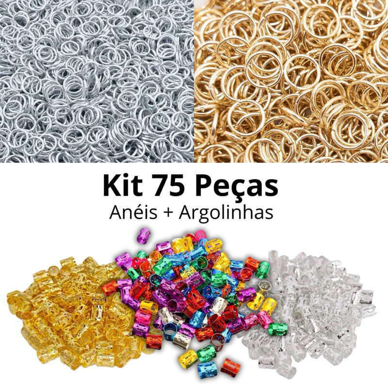 Kit 75 Peças Anéis Para Tranças + Argolinhas Para tranças Pratas Dourados Coloridos em Oferta na Shopee
