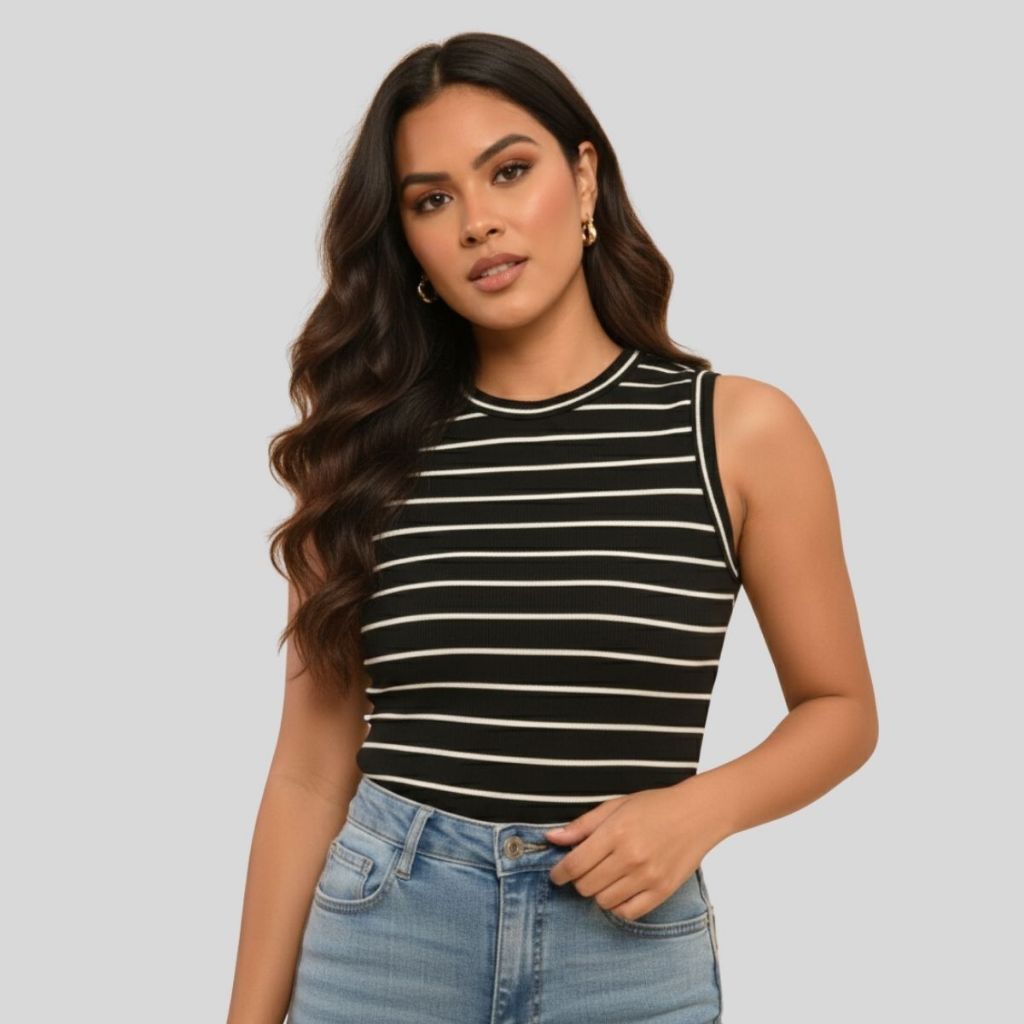 Blusa Regatinha Listrada Feminina Slim Canelado Blusinha Estica Leve Dia a Dia Look Verão