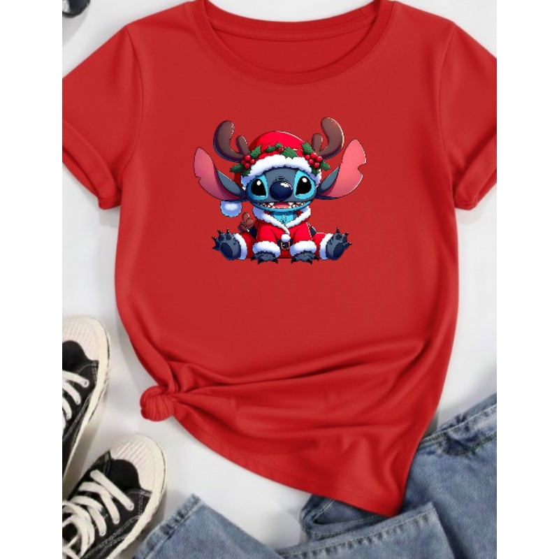 Camiseta Basica Estampada Natal Personagem Stitch Papai Noel Divertido Unissex Infantil