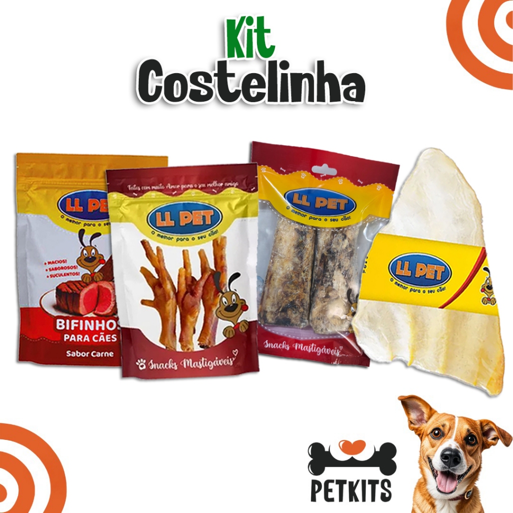 Petisco Natural Mordedor Kit Costelinha para Cães (Costela Bovina, Orelha Bovina, Pé de Galinha, Bifinho)