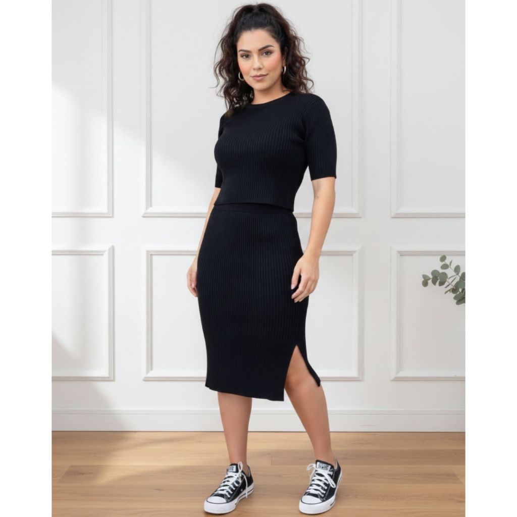 Saia Feminina Midi em Tricot Canelado com Fenda Lateral Trico Moda Primavera Verão
