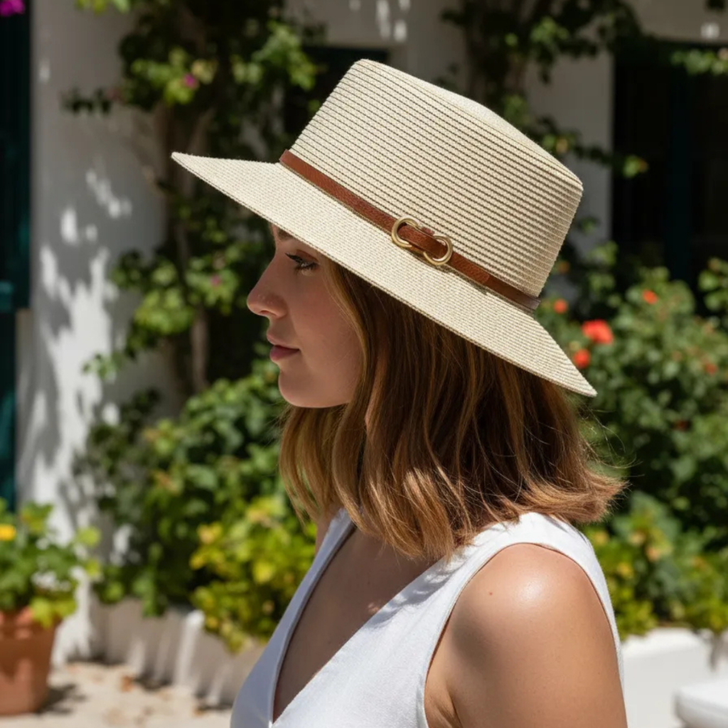 Chapéu Feminino Praia Paris Luxo Palha Sintética Faixa Couro Passeio Verão Proteção Chique